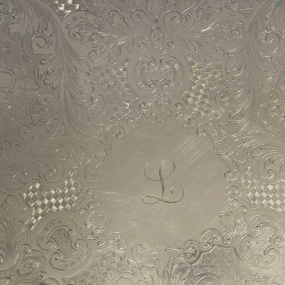 Silver Plated Serving Platter 20" Lg Butlers Tray Embossed Scroll Monogrammed L - Picture 3 of 5